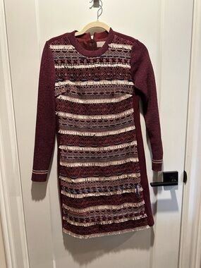 Moiselle Burgundy Beaded Lace Fringe Cocktail Dress Size 36